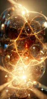 A glowing bubble with intricate golden light patterns on a dark background.