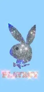 Sparkling bunny design on light blue wallpaper.