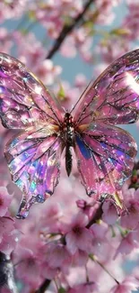 Sparkling butterfly on pink cherry blossoms.