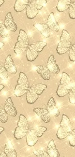 A glittery golden wallpaper with delicate butterfly patterns.