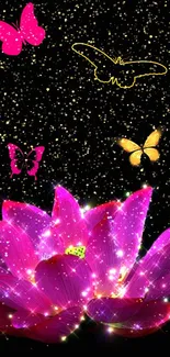 Luminous pink flowers with glowing butterflies on a sparkling background.