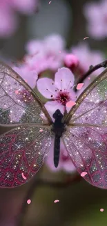 Sparkling butterfly resting on pink cherry blossoms.