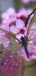 A dazzling butterfly resting on pink cherry blossoms, sparkling in sunlight.