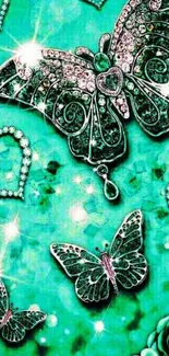 Jeweled butterfly and heart design on turquoise background with roses.