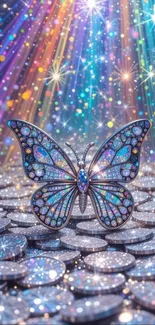 Sparkling butterfly with rainbow lights on coins.