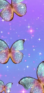 Shimmering blue butterflies with a purple sparkling background.