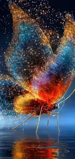 Sparkling butterfly with vibrant colors over water.
