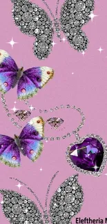 Sparkling butterflies and gemstone heart on pink background.