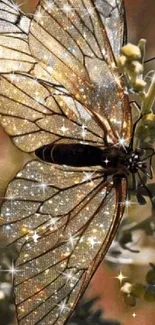 Sparkling butterfly resting on leafy branch, shimmering in sunlight.