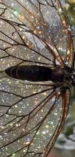 Glittering butterfly on leafy background with sparkling wings.