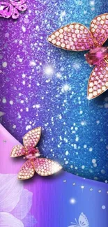 Sparkling butterfly with pink jewels on a blue gradient background.