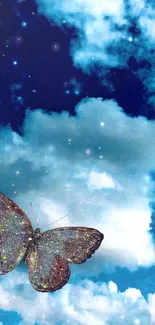 Glittering butterfly in a starry sky with clouds.