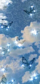 Sparkling blue butterflies in a cloud-filled sky wallpaper.