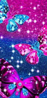 Vibrant hot pink and blue butterfly wallpaper with sparkles.