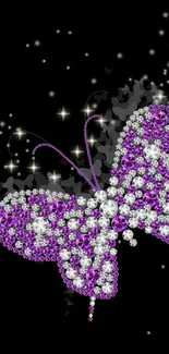 Sparkling butterfly with violet and white on black background wallpaper.