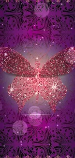 Sparkling pink butterfly on purple floral background wallpaper.