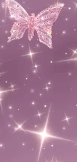 Sparkling butterfly and stars on mauve background wallpaper.