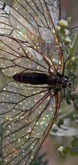 Mobile wallpaper of a sparkling butterfly with iridescent wings on a green background.