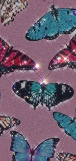 Colorful butterflies with sparkle on purple background.