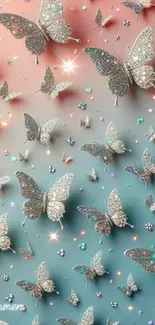 Sparkling butterfly wallpaper with pink and teal tones, perfect for mobile screens.