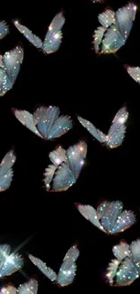 Sparkling blue butterflies on a black background creating an elegant and vibrant wallpaper.