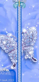 Elegant sparkling butterfly on a blue background with zipper design.