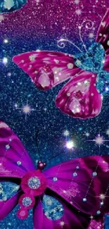 Sparkling galaxy wallpaper with vibrant butterflies.