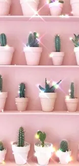 Sparkling cactus wallpaper with pink background and potted plants.