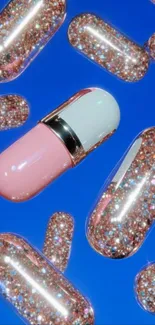 Sparkling capsules on a bright blue background, creating a modern art vibe.