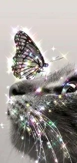 A glittering cat with a sparkling butterfly perched on its nose, shining brightly.