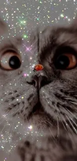 A cat with a ladybug on its nose surrounded by sparkles.