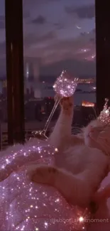 Whimsical cat with crown in a sparkling cityscape, night view.