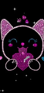 Cute cat design with pink gems on black background.