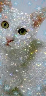 Sparkling white cat with glitter effect background.