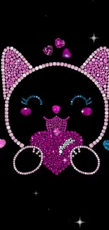 Sparkling gemstone cat holding a heart design on black background.