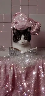 A cat wrapped in a sparkling pink towel in a bathroom.