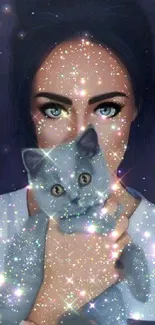 Mobile wallpaper featuring a mystical cat with sparkling effects and enchanting eyes.