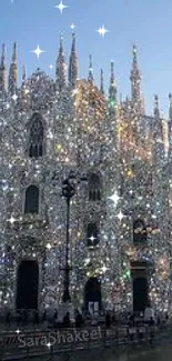 Sparkling cathedral illuminated at sunset with a sky blue backdrop.