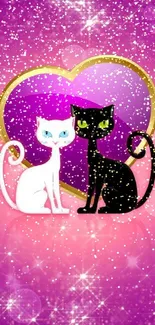 Whimsical white and black cats with purple heart backdrop.