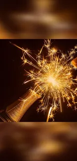 Champagne bottle popping with festive golden fireworks.