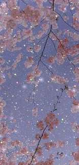 Cherry blossoms sparkling in the night sky with a magical feel.