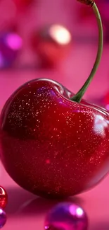 Sparkling cherry against pink background with vibrant hues.
