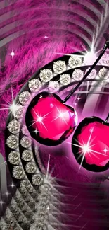 Vibrant pink cherries with sparkling jewels on a luxurious background.