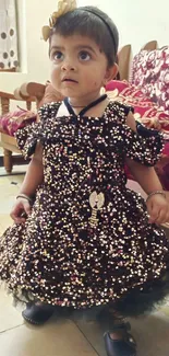 Toddler in a sparkling sequin dress, standing indoors.