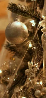 Festive Christmas tree with silver ornaments and twinkling lights.