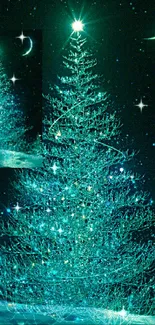 Glowing teal Christmas tree under a starry night sky.