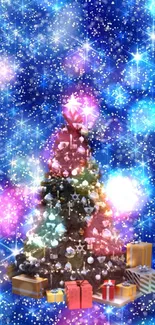 Sparkling Christmas tree with gifts and blue starry background.