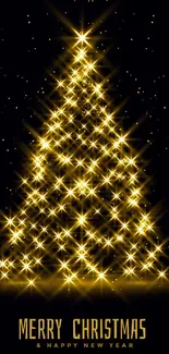 Sparkling gold Christmas tree with lights on black background.