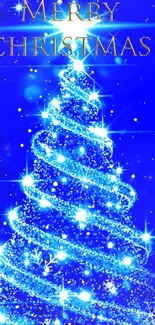 Shimmering blue Christmas tree with bright lights on a festive holiday background.