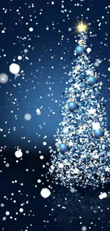 Mobile wallpaper with a sparkling Christmas tree on a dark blue background.